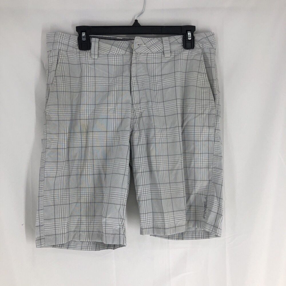 Oneill Men’s Size 32 Plaid Grey Bermuda Shorts With Pockets